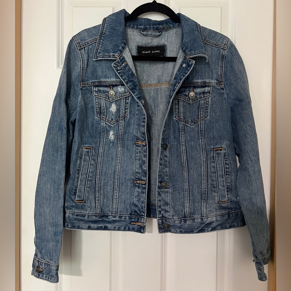 Black Rivet lightly distressed denim jacket—like new